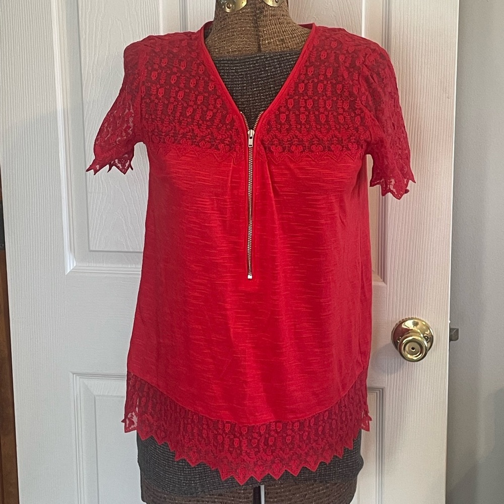 Kooples Silk Skull Lace Embroidery Zipper Short Sleeve Top Size M